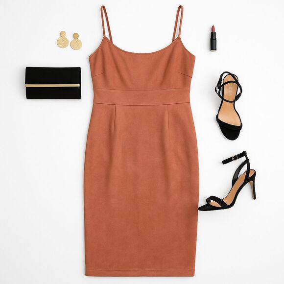 Feminine Bodycon Slip Dress BCBGMAXAZRIA Rust Faux Suede Spaghetti Strap NWT L - Picture 1 of 13